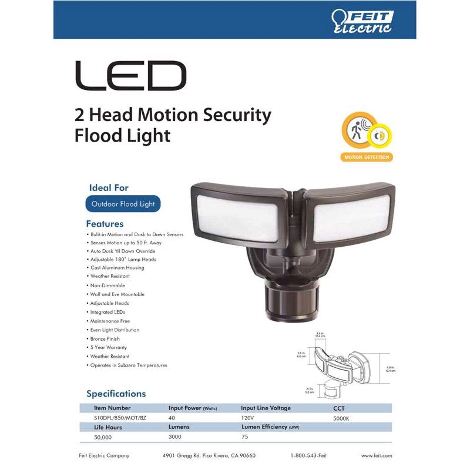 Feit LED Motion-Sensing Hardwired LED Bronze Security Floodlight 6 Feit LED Motion-Sensing Hardwired LED Bronze Security Floodlight - Image 4